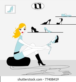 Vector Illustration of funky beautiful sexy girl shopping for a new pair of shoes