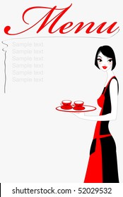 Vector illustration of funky beautiful waitress serving two cups of coffee. Service and restaurant concept.
