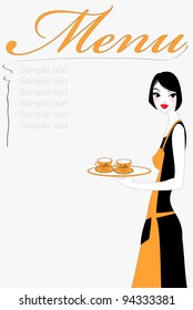 Vector illustration of funky beautiful waitress serving two cups of coffee. Service and restaurant concept.