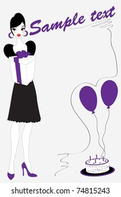 Vector illustration of funky birthday greeting card with beautiful sexy girl