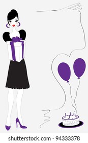 Vector illustration of funky birthday greeting card with beautiful sexy girl