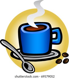 A vector illustration of a funky blue coffee mug filled with hot coffee and surrounded by a spoon and some coffee beans.