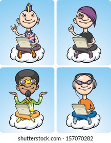 Vector illustration of Funky cartoon people on a cloud with laptop. Easy-edit layered vector EPS10 file scalable to any size without quality loss. High resolution raster JPG file is included.