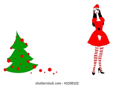 Vector Illustration of funky Christmas background with a beautiful young woman