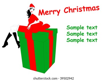 Vector Illustration of funky Christmas greeting card with beautiful sexy girl sitting on the present box.