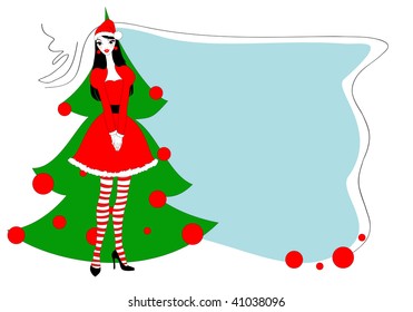 Vector Illustration of funky Christmas greeting card with beautiful sexy girl