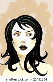 Vector illustration of funky, cool, young woman portrait on the floral background.