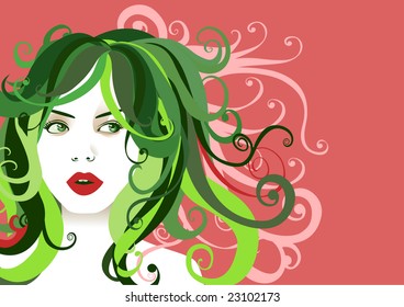 Vector illustration of funky, cool, young woman portrait on the pink background.