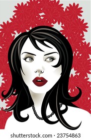 Vector illustration of funky, cool, young woman portrait on the red floral background.