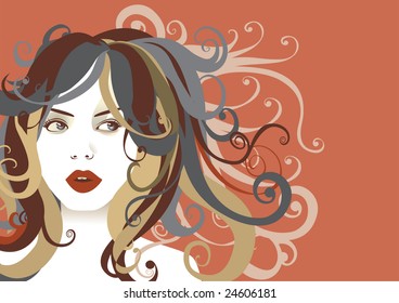Vector illustration of funky, cool, young woman portrait on the brown background.