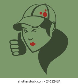 Vector illustration of funky cool young woman on the green background.