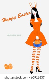 Vector illustration of funky easter greeting card with beautiful sexy girl