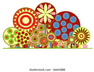 Vector illustration of funky floral background. Decorated with funny flowers and trees.