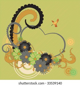 Vector illustration of funky floral frame with heart shape
