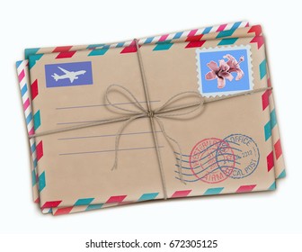 Vector illustration of funky retro airmail envelopes with stamps isolated on white background
