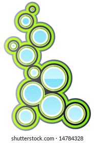 Vector illustration of a funky retro design element with circle art filled with water and bubbles.