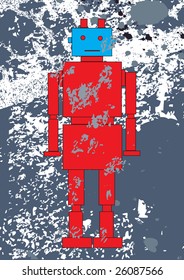 Vector illustration of funky Retro red robot on the  grunge background