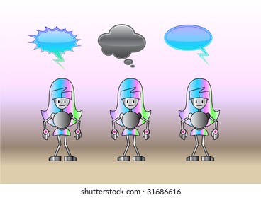 Vector illustration of funky robot-girls with comics bubbles.