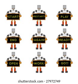 Vector illustration of funky robots holding the placard.