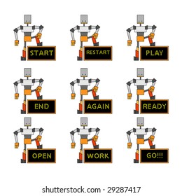 Vector illustration of funky robots holding the placard.