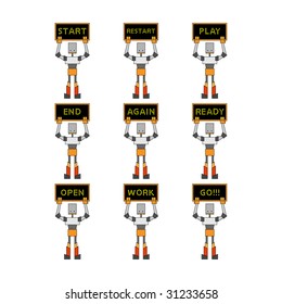 Vector illustration of funky robots holding the placard.