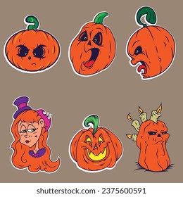 Vector illustration of funky smiling carved pumpkin faces and young ginger witch, cartoony style