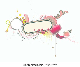 Vector illustration of funky styled design frame with heart shape and floral elements