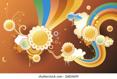 Vector illustration of funky styled design background made of sun shapes, rainbow shapes and floral elements