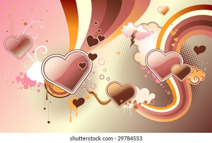 Vector illustration of funky styled design background made of heart shapes, rainbow shapes and floral elements
