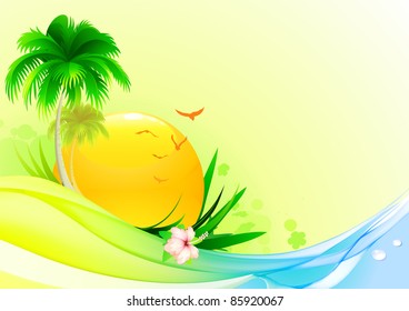 Vector illustration of funky summer  background with palm tree, hibiscus flower and  idyllic sun