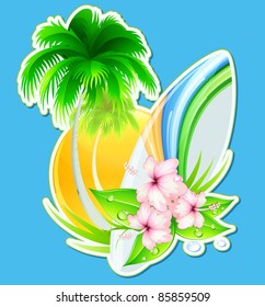 Vector illustration of funky summer insignia with palm tree, hibiscus flowers and surfboard
