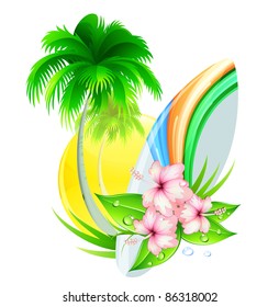 Vector illustration of funky summer insignia with palm tree, hibiscus flowers and surfboard