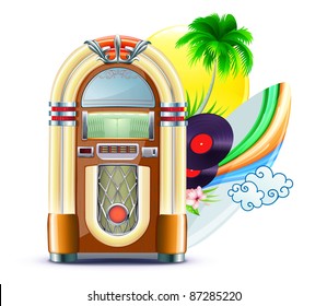 Vector illustration of funky summer music background with palm trees, jukeboxe, vinyle dick, hibiscus flowers, surfboard and yellow sun