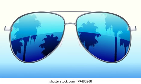 Vector illustration of  funky sunglasses with the reflection of palmtrees