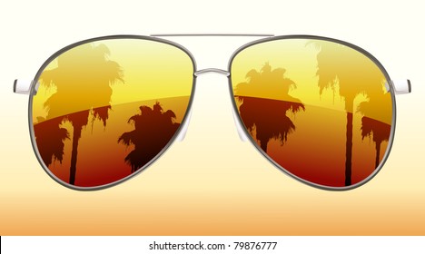 Vector Illustration Of  Funky Sunglasses With The Reflection Of Palm Trees