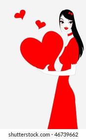 Vector illustration of funky valentine's day greeting card with beautiful sexy girl holding big red heart