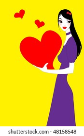 Vector illustration of funky valentine's day greeting card with beautiful sexy girl holding big red heart