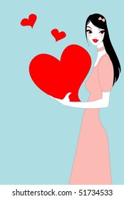 Vector illustration of funky valentine's day greeting card with beautiful sexy girl holding big red heart
