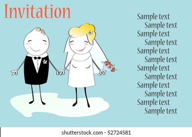 Vector Illustration of funky wedding invitation with funny bride and groom