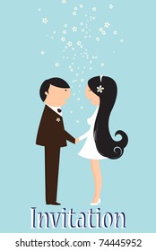Vector Illustration of funky wedding invitation with funny bride and groom