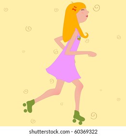 Vector Illustration of funky Young girl riding roller skates