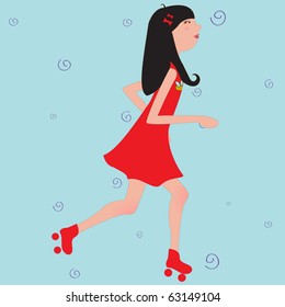 Vector Illustration of funky Young girl riding roller skates