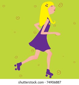 Vector Illustration of funky Young girl riding roller skates