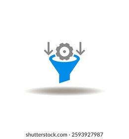 Vector illustration of funnel with gear wheel and arrows down. Symbol of CRO Conversion Rate Optimization. Icon of lead generation marketing funnel.