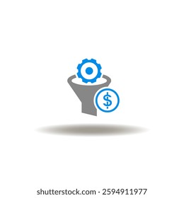 Vector illustration of funnel with gear wheel and dollar currency. Symbol of CRO Conversion Rate Optimization. Icon of Lead Generation.