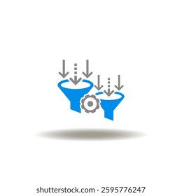 Vector illustration of funnels with arrows down and gear wheel. Symbol of CRO Conversion Rate Optimization and Lead Generation.