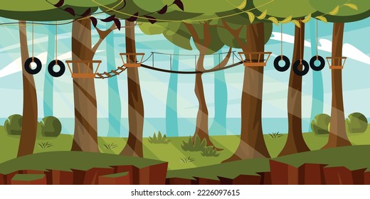 Vector illustration of a funny adventure park. Cartoon forest landscape with different obstacles on trees and suspension bridges.