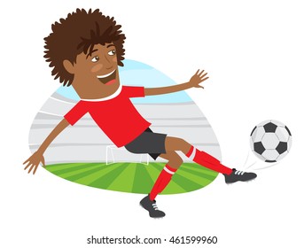 Vector illustration Funny African American soccer football player wearing red t-shirt running kicking a ball and smiling