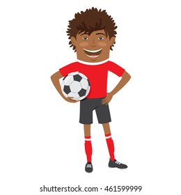 Vector illustration Funny African American soccer football player wearing red t-shirt standing holding ball and smiling