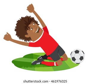 Vector illustration Funny African American soccer football player wearing red t-shirt enjoying the victory on his knees